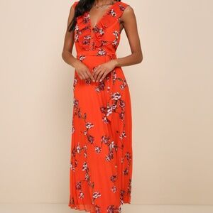 Lulus Loved By You Red Orange Floral Print Pleated Chiffon Maxi Dress - Size L